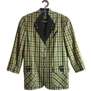 Vintage 90s wool checkered olive green and black blazer jacket, Plus size